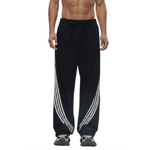 Pantalon de survêtement noir en coton pour homme, taille élastique, rayures latérales, décontracté, respirant, mi-lourd, tricoté, coupe évasée, pour l'automne - Product Image 1