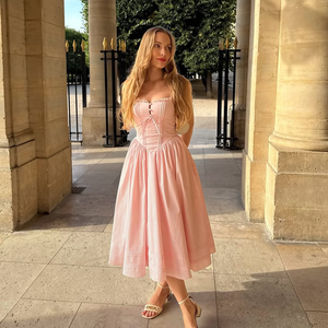 pink flowy dress casual PRETTYGARDEN Women's Casual Midi Dresses Square Neck Short Sleeve Smoc