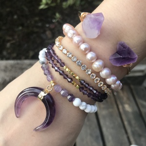 LS-D1186 Nuovo Arrivo ametista wire wrap braccialetto di perle d'acqua dolce borda il braccialetto amethyst del pendente del <span class=keywords><strong>corno</strong></span> zircone cubico stack <span class=keywords><strong>bracciale</strong></span> - Product Image 1