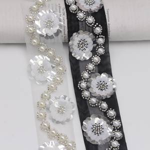 <span class=keywords><strong>Perles</strong></span> <span class=keywords><strong>de</strong></span> luxe faites à la main broderie Net dentelle tissu noir blanc bricolage vêtements Costume robe décorative paillettes perle dentelle coupe - Product Image 1