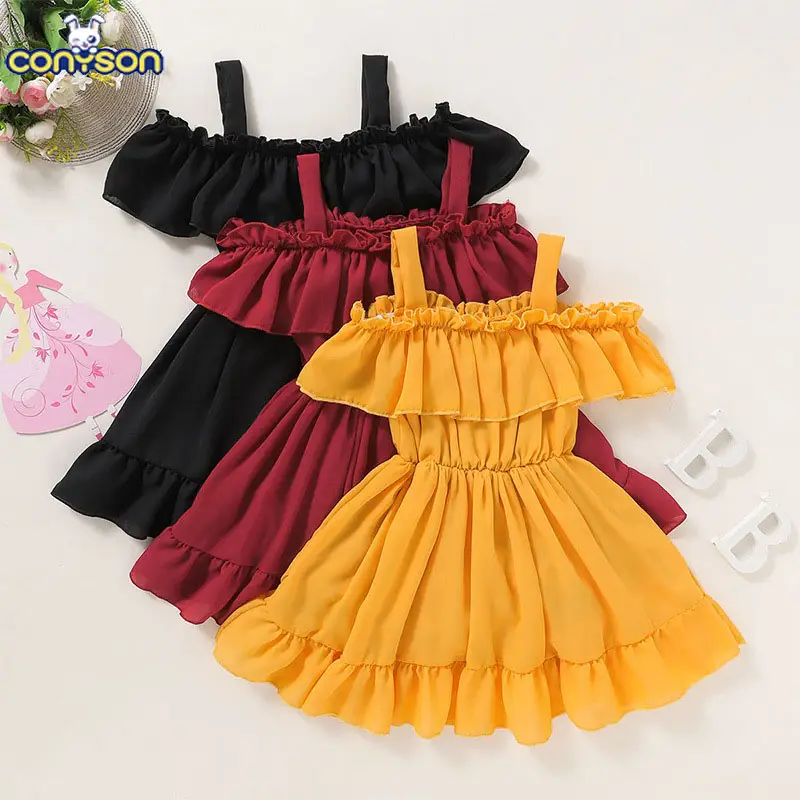 Conyson Wholesale Summer Fashion New Short Sleeve Solid Boat Neck Casual Princess Toddler Clothing Cute Knee-Length Girl Dresses