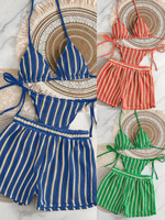 Maillot de bain trois pièces en maille tricotée rayée personnalisé, style bohème féminin, avec ensembles de bikinis pour femmes