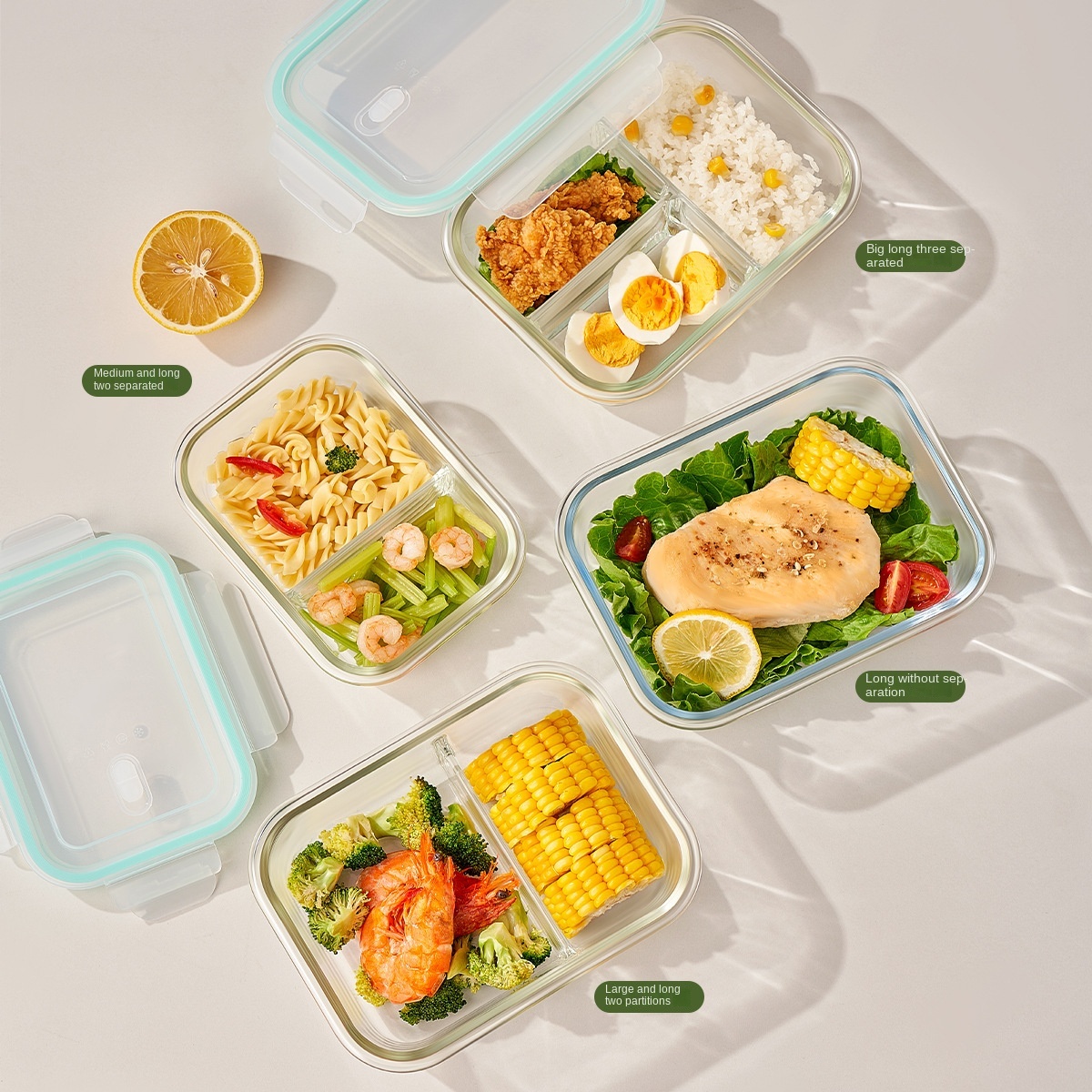 Modern Eco-Friendly Sustainable Glass Lunch Box Microwave Safe Rectangular Large Capacity Fresh-Keeping Lid Multifunction Food