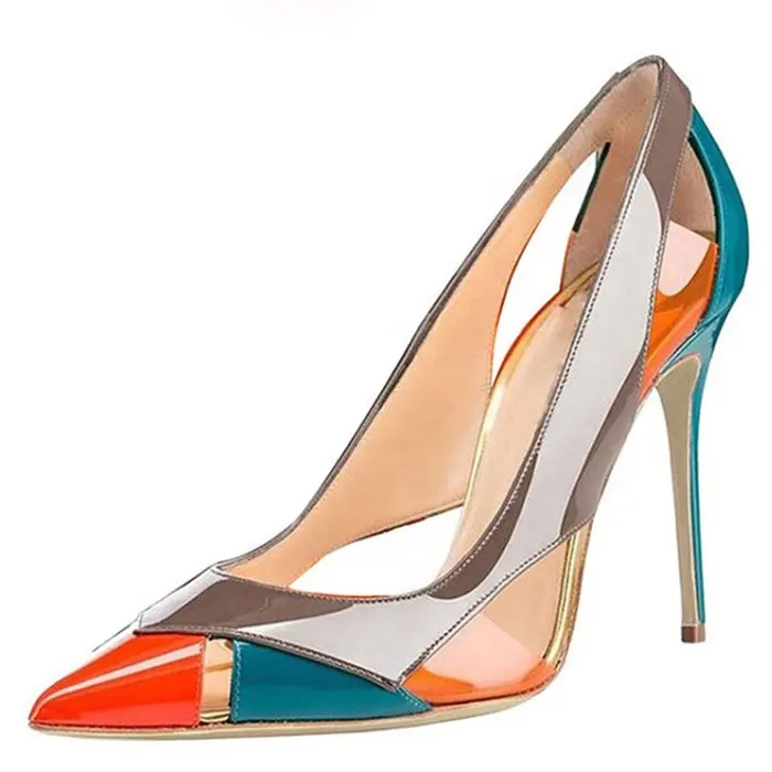 Colorful Patchwork Women's Dress Shoes Cut out Pointed Toe US Big Size 12cm High Heels Ladies Pumps Stiletto Thin Heeled Shoes