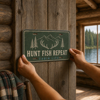 Décoration murale en métal pour cabane de chasse, enseigne en aluminium « Hunt Fish Repeat » pour mur de lodge