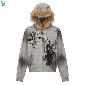 เสื้อโค้ทขนสัตว์ลายกราฟิกสไตล์เทพนิยายสีเทาเข้ม แจ็คเก็ตมีฮู้ดแบบซิปเต็มตัว ย้อมสีแบบวินเทจ - Product Image 1