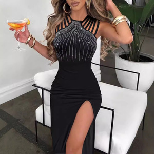 Robe de soirée mi-longue noire TEN avec strass et découpe pour femme - Product Image 1