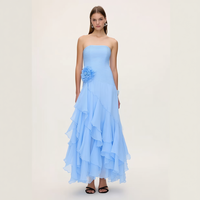 Nouvelle Robe Midi Femme Bleu Clair Sans Bretelles, Bustier Plissé, Volants Asymétriques Superposés à Motifs Floraux 3D, Vente en Gros Personnalisée