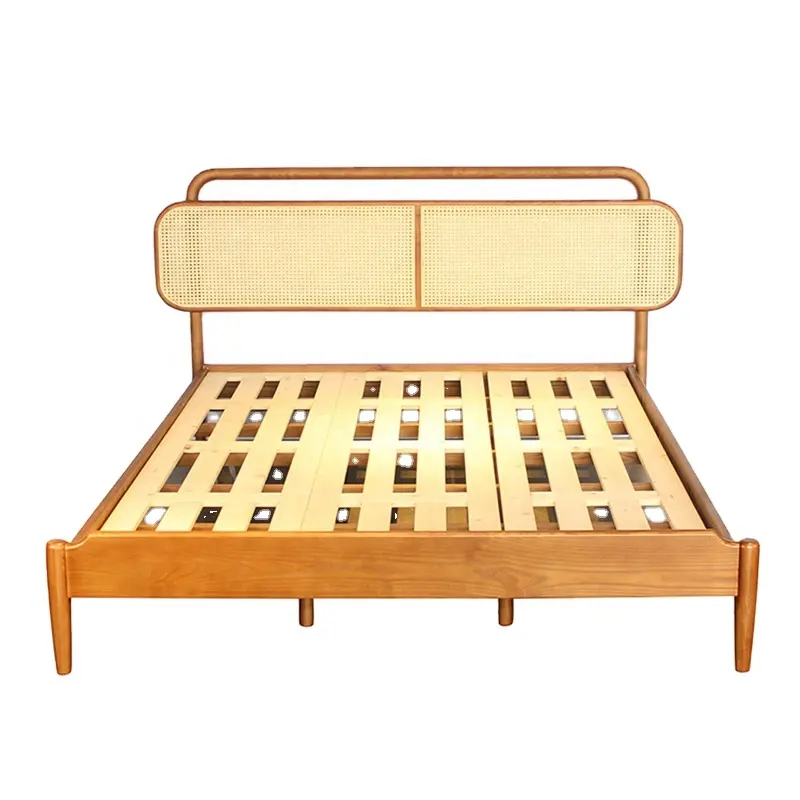 سرير مزدوج بتصميم اسكندنافي بسيط مع عناصر راتان منسوجة أثاث غرفة نوم خشبي صلب عصري B&B إبداعي