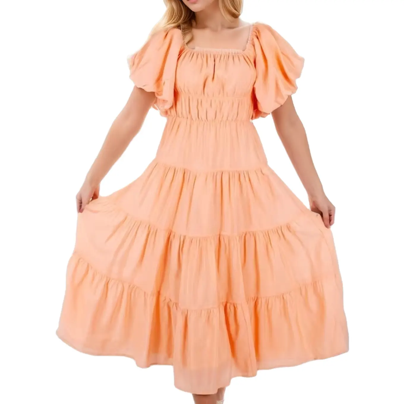 OEM工場休暇ポリエステルプリントバブルスリーブプリーツラップセクシーでエレガントなフォーマルなカジュアルな誕生日の女性のドレス