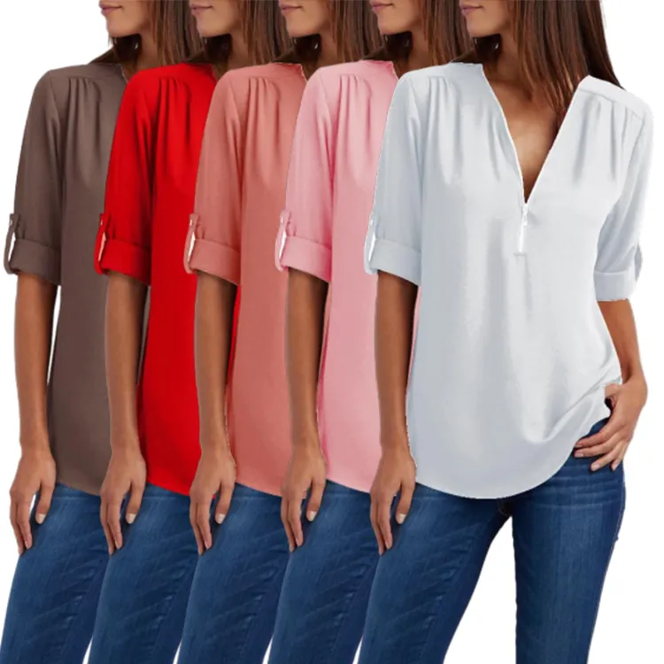 Summer Cuffed Sleeves Solid Blouse Long Sleeve Roll-Up Loose Chiffon Blouses & Shirts Women'S V-Neck Zippered Plus Size Blouse