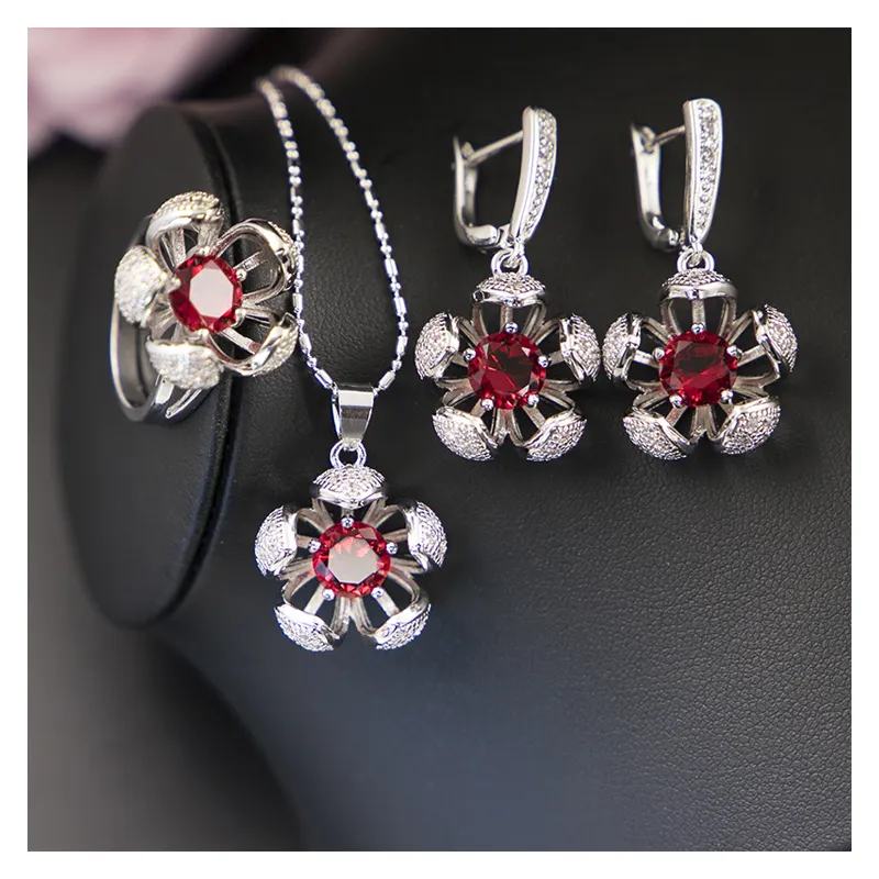 Fashion Bridal Earrings Necklace Wedding Jewelry Sets Women Shiny Red Blue Zircon Wholesale