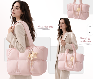 Borsa Tote da Donna in Tela Trapuntata Monocolore con Chiusura Aperta, Multi Scomparti, Borsa da Viaggio Portatile e Fodera in Cotone - Product Image 4