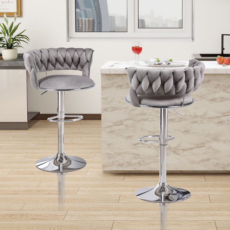Grey Velvet Stainless Steel Kitchen Stools Form Grey Faux Leather