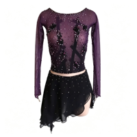 Robe de patinage artistique violette et noire à manches longues, dos croisé, ornée de strass, en maille, pour enfants et adultes, pour compétitions et spectacles sur glace