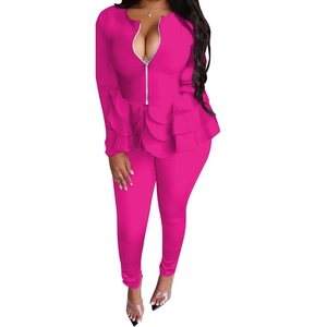 Solid Color Stiff Ruffle Long Sleeve Zipper <b>Top</b> Long Pants Women's Casual 2 Piece Set Fashion - Product Image 4