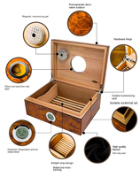 Humidor de puros de madera de granada OEM caja de cedro con tragaluz circular de vidrio higrometro digital frontal