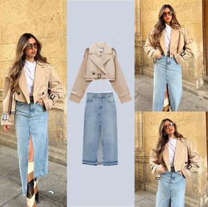Nouvelle veste courte chic à lacets et deux boutons, col en V, coupe ajustée, <span class=keywords><strong>kaki</strong></span>, style streetwear, <span class=keywords><strong>manteau</strong></span> trench à manches longues - Product Image 3