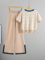 Ensemble deux pièces pour femmes tendance, haut en tricot à manches courtes rayé et patchwork, pantalon large à fentes pour l'été