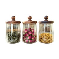 Stoples Penyimpanan Kedap Udara dari Kaca Borosilikat Tahan Panas dengan Tutup Kayu Akasia/Walnut, Desain Bergaris, 201-300ml