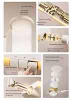 Panneau de douche minimaliste en cuivre blanc, système de douche de luxe à effet pluie avec douchette à main, barre coulissante et plateau de rangement