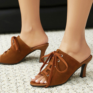 Low Price Women Suede High Heels Stiletto Summer <b>Open</b> Toe on Mules Shoes Dress Front Lace <b>up</b> Pumps - Product Image 2
