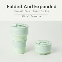 Gobelet de voyage pliable en silicone avec couvercle, options 650 ml, 500 ml et 350 ml, design compact pliable