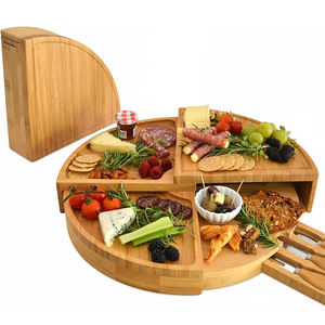 Juego <span class=keywords><strong>de</strong></span> Tabla <span class=keywords><strong>de</strong></span> Quesos <span class=keywords><strong>de</strong></span> Bambú con Cuchillos, Tabla Redonda Plegable Giratoria <span class=keywords><strong>de</strong></span> <span class=keywords><strong>Madera</strong></span> para Charcutería, Bandeja para Servir Carne <span class=keywords><strong>y</strong></span> Vino, Decoración del Hogar - Product Image 1