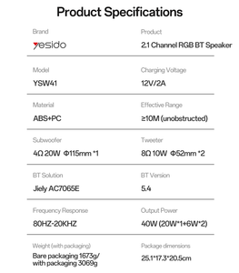 Yesido bt5.4 40W có dây/không dây chế độ kép nhiều phương pháp kết nối 2.1 kênh RGB BT loa không dây ysw41 - Product Image 5