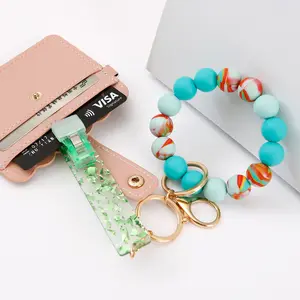 Silicone Beaded Bracelets Wristlet Bangle Keychain Rubber Wristbands Clip Card puller Keyring with acrylic card grabber keychain