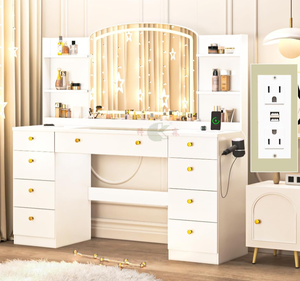 Table de toilette blanche de 55 pouces avec miroir et éclairage, <span class=keywords><strong>9</strong></span> <span class=keywords><strong>tiroirs</strong></span> et 6 compartiments de rangement, bureau de maquillage pour chambre à coucher avec prise électrique - Product Image 2