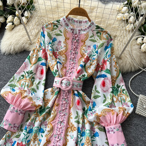 ชุดเดรสพิมพ์ลายคอวีแขนโคมสไตล์พระราชวังสำหรับผู้หญิง รุ่นฤดูใบไม้ผลิ/ฤดูร้อนสไตล์เกาหลี รัดเอว ทรงเอเข้ารูปลายดอกไม้ - Product Image 3