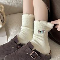 Chaussettes mi-mollet chaudes pour femme, style japonais, en polyester jacquard épais doublé polaire, motif dessin animé, pour automne-hiver