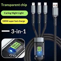 Kabel Data 3-in-1 Tipe-C Pengisian Daya Super Cepat 100W dengan LED Transparan untuk Penggunaan Komputer dan Mobil