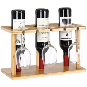 3 Fles Massief Houten Tafelblad Wijnfles & Glazen Rek Boerderij Bamboe Wijn En Glas Houderrek