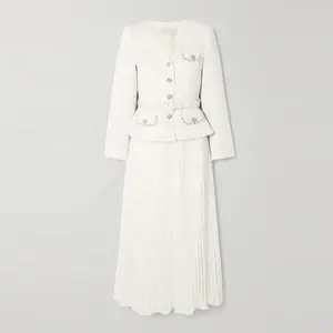 Giyim üreticisi özel sonbahar kış beyaz V boyun uzun kollu metalik zarif rahat kadın tüvit Midi elbise
