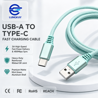 Kabel USB A ke USB C LUNGKAY Custom 2M 3A Pengisi Daya Cepat, Kabel Data Tipe C dengan Jalinan Nilon, Warna Pastel, Cangkang Aluminium, Langsung dari Pabrik