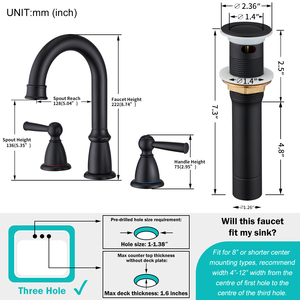 ก๊อกน้ำห้องน้ำแบบติดตั้งบนอ่างล้างหน้า 3 รู ขนาด 4 นิ้ว ดีไซน์ทันสมัย ทำจากทองเหลืองและสแตนเลสสีดำ พร้อมระบบควบคุมการไหลของน้ำแบบเซรามิก - Product Image 3