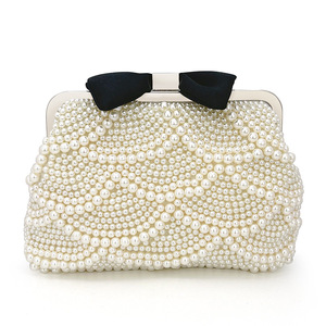 Borse eleganti da sposa di nuovo stile borse da sera con perline bianche con fiocco-nodo nero con pochette di perle modello quadrato per feste - Product Image 5