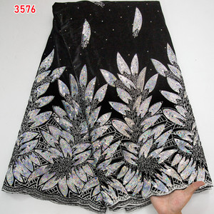 Tissu en dentelle de velours africain de luxe 3576 avec paillettes, tissu en dentelle française épaisse de haute qualité pour la couture de robes de mariée - Product Image 3