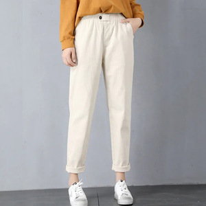 Khaki High Waisted Casual Pants Women Cotton Canvas Elastic Waist Slim Fit Cropped Style JN-8618 - Product Image 5