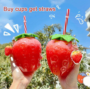 Bouteilles d'eau en plastique transparent avec paille, motif <span class=keywords><strong>fraise</strong></span> mignon, pour enfants, filles et étudiants, pour boissons froides - Vente en gros - Product Image 2