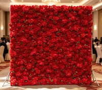 Mur de fleurs artificielles rouges 3D personnalisé, enroulable, avec base en tissu à feuilles vertes, écologique, pour décorations murales de mariage et de maison