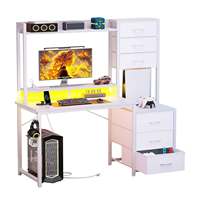 Bureau d'ordinateur et de jeu blanc avec huche, tiroirs en tissu et rangement, idéal pour le télétravail, l'étude et l'écriture, pour chambre à coucher