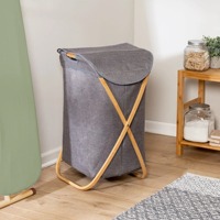 Keranjang Cuci Pakaian dengan Tutup, Bingkai Bambu X, Keranjang Cuci Lipat, Organizer Pakaian Kain, Kamar Mandi Kamar Tidur, Tinggi 68cm