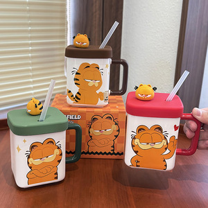 Taza de cerámica Garfield con tapa y pajita, diseño de dibujos animados, para hombres y mujeres, taza de regalo de cumpleaños - Product Image 5