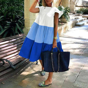Casual Dress Women Three Color Patchwork <b>Elastic</b> Waist O Neck Full <b>Skirt</b> Leisure Style Contrast Color Print Dress - Product Image 4