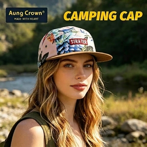 Casquette de <span class=keywords><strong>camping</strong></span> en daim à 5 panneaux avec motif floral tropical personnalisé, visière plate et patch brodé - Product Image 1