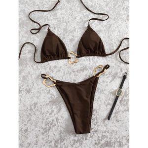 Ensemble de bikini pour femme avec anneau métallique, haut triangle dos nu, coupe haute, 2 pièces, en Spandex et Nylon extensibles - Product Image 2