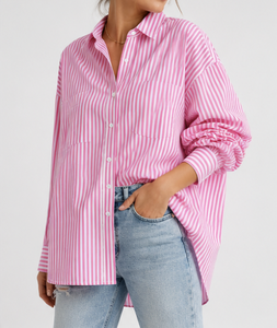 Chemisier décontracté rose rayé à boutons pour femme, manches longues bouffantes, coupe ample en popeline de coton, OEM ODM - Product Image 2